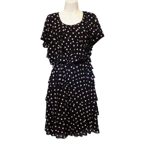 I.N.C. Dresses & Skirts - INC Dress 1X Black Pink Dots Ruffles Tiers Belt Short Sleeve Lined Polyester